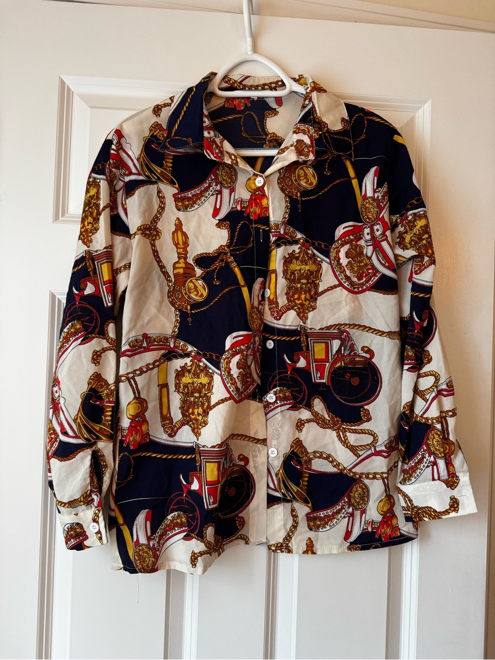 Chain-Print Button-Down Shirt in Navy & Cream - Picture 3 of 5